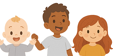 Smiling cartoon children on the left